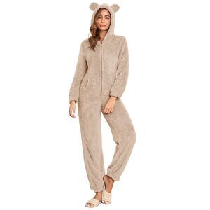 2314 Fleece Onesie Pajamas Fuzzy Sherpa Hooded Romper One Piece Winter